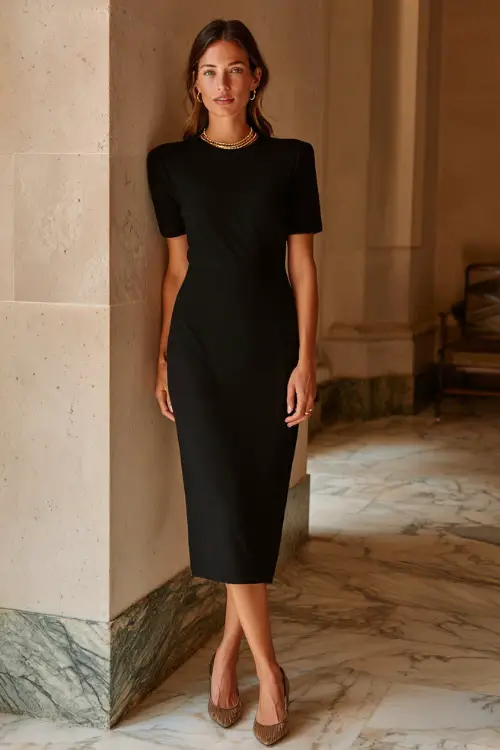 A woman over 40 wearing a black midi dress with clean lines and short sleeves, paired with low block-heel shoes and minimal gold jewelry