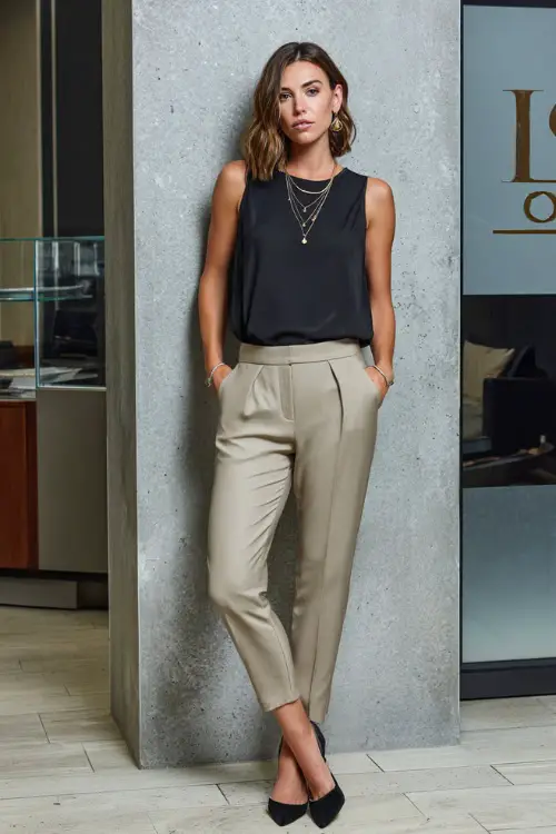 A woman over 40 wearing a black sleeveless top tucked into tailored beige trousers, styled with low heels and delicate jewelry, standing in a modern office-inspired setting 