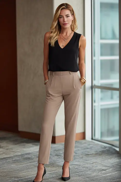 A woman over 40 wearing a black sleeveless top tucked into tailored beige trousers, styled with low heels and delicate jewelry, standing in a modern office-inspired setting