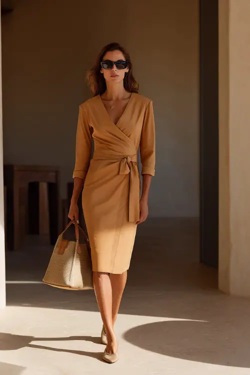 A woman over 40 wearing a camel-toned wrap dress with a flattering silhouette, paired with simple flats and a structured handbag, standing in a sunlit hallway with minimalist décor