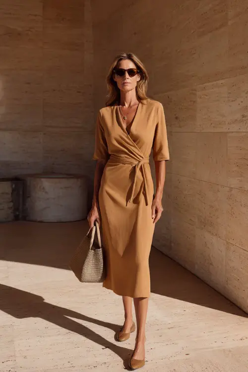 A woman over 40 wearing a camel-toned wrap dress with a flattering silhouette, paired with simple flats and a structured handbag
