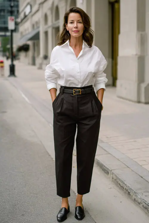 A woman over 40 wearing a crisp white button-down shirt tucked into high-waisted black trousers, paired with leather flats and a slim belt 