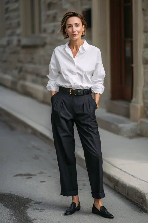 A woman over 40 wearing a crisp white button-down shirt tucked into high-waisted black trousers, paired with leather flats and a slim belt