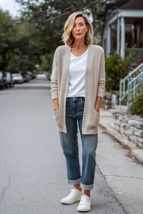 A woman over 40 wearing a light oatmeal cardigan layered over a white top with straight-leg jeans, paired with clean leather sneakers 