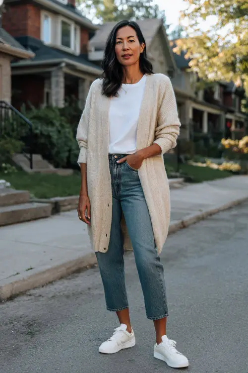 A woman over 40 wearing a light oatmeal cardigan layered over a white top with straight-leg jeans, paired with clean leather sneakers, standing in a calm residential street with neutral tones