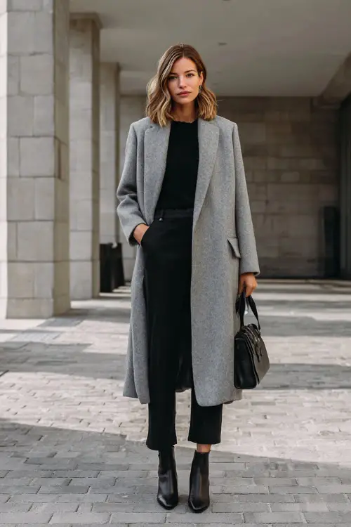 A woman over 40 wearing a minimalist longline coat in soft gray over a simple black outfit, styled with ankle boots and a structured bag, standing against a clean architectural backdrop 
