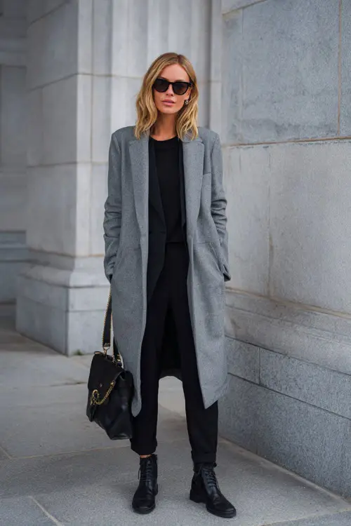 A woman over 40 wearing a minimalist longline coat in soft gray over a simple black outfit, styled with ankle boots and a structured bag, standing against a clean architectural backdrop