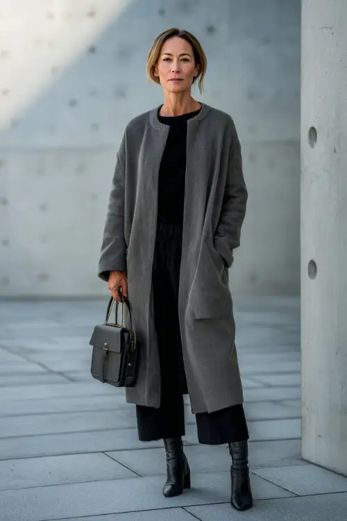 A woman over 40 wearing a minimalist longline coat in soft gray over a simple black outfit, styled with ankle boots and a structured bag