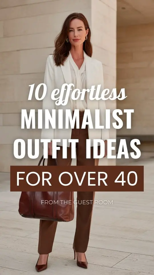 A woman over 40 wearing a minimalist outfit with a tailored ivory blazer over a soft white blouse with straight-leg beige trousers, styled with pointed-toe flats and a structured leather tote