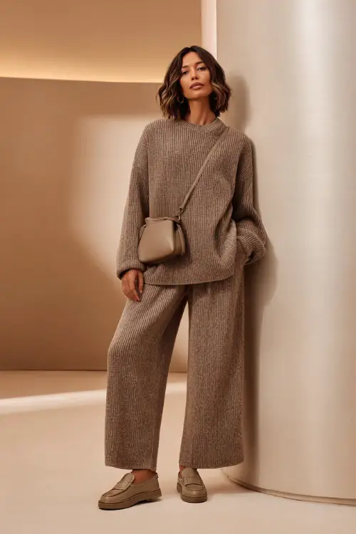 A woman over 40 wearing a monochrome taupe knit top with matching wide-leg pants, styled with sleek loafers and a simple shoulder bag 