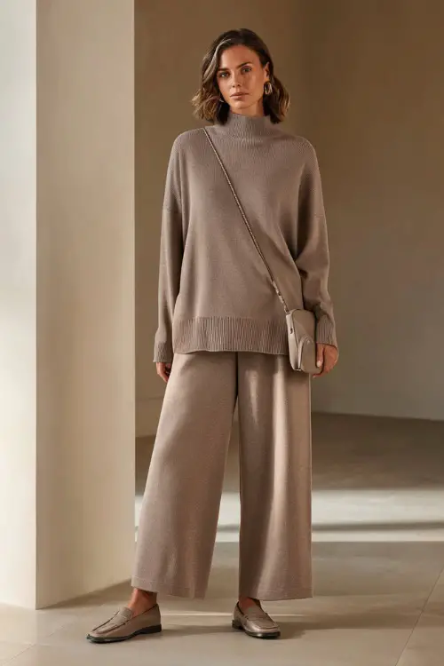 A woman over 40 wearing a monochrome taupe knit top with matching wide-leg pants, styled with sleek loafers and a simple shoulder bag