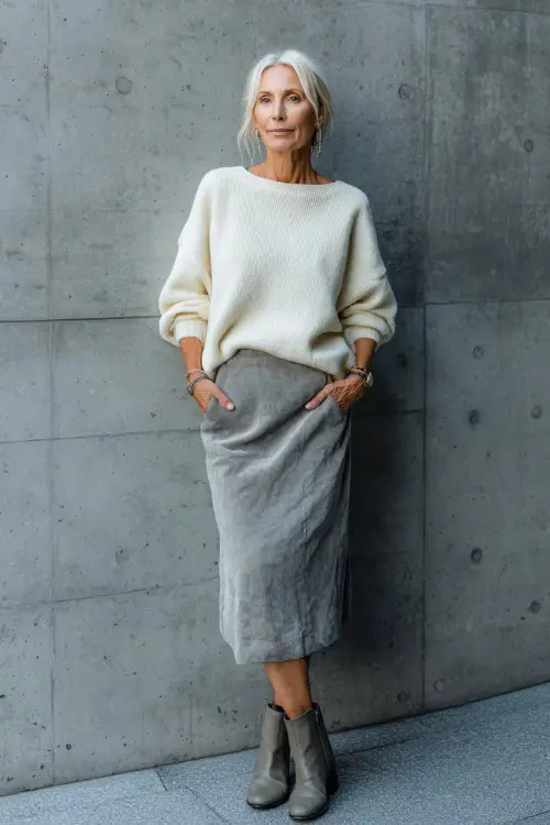 A woman over 40 wearing a soft gray midi skirt with a relaxed-fit cream sweater, styled with ankle boots and understated accessories, standing near a modern concrete wall 