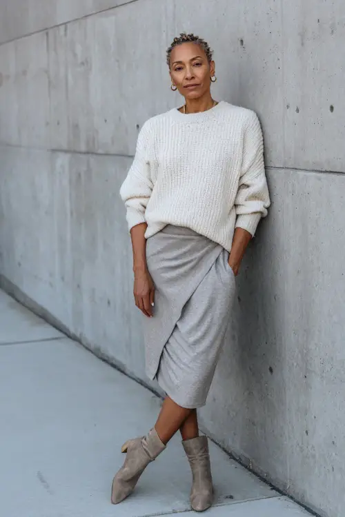 A woman over 40 wearing a soft gray midi skirt with a relaxed-fit cream sweater, styled with ankle boots and understated accessories, standing near a modern concrete wall