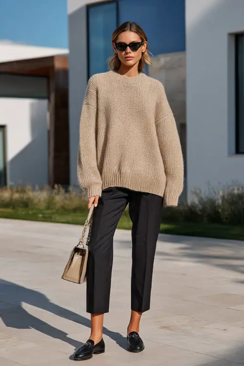 A woman wearing a beige oversized knit sweater paired with black ankle-length trousers, styled with simple loafers and a structured shoulder bag, standing in a modern residential street setting