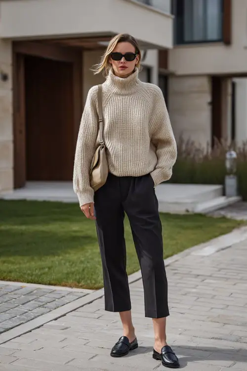 A woman wearing a beige oversized knit sweater paired with black ankle-length trousers, styled with simple loafers and a structured shoulder bag