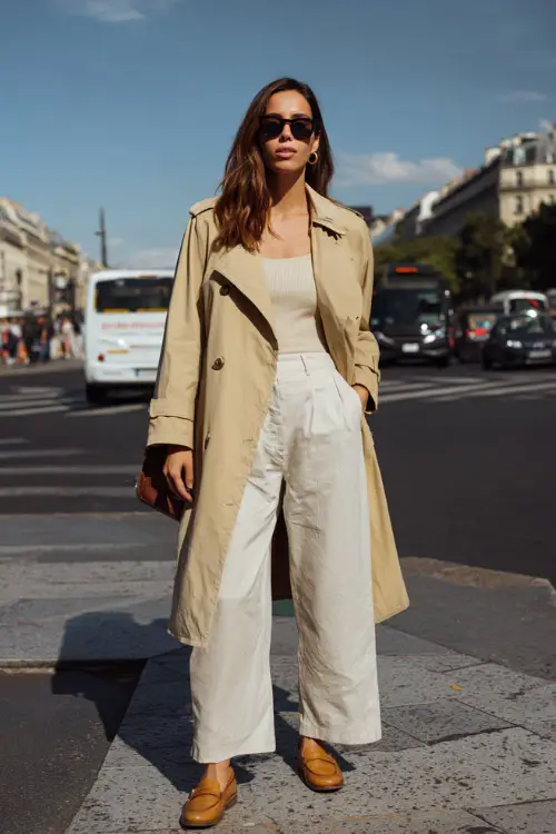 A woman wearing a beige trench coat over a monochrome cream top and wide-leg trousers, paired with leather loafers and minimal accessories 