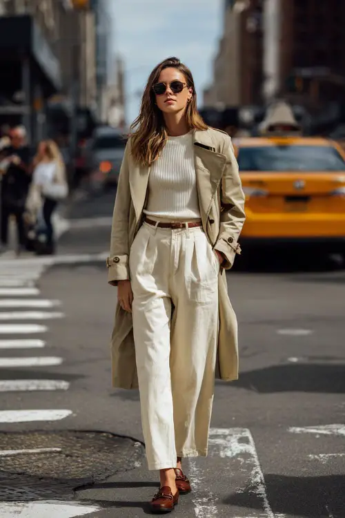 A woman wearing a beige trench coat over a monochrome cream top and wide-leg trousers, paired with leather loafers and minimal accessories