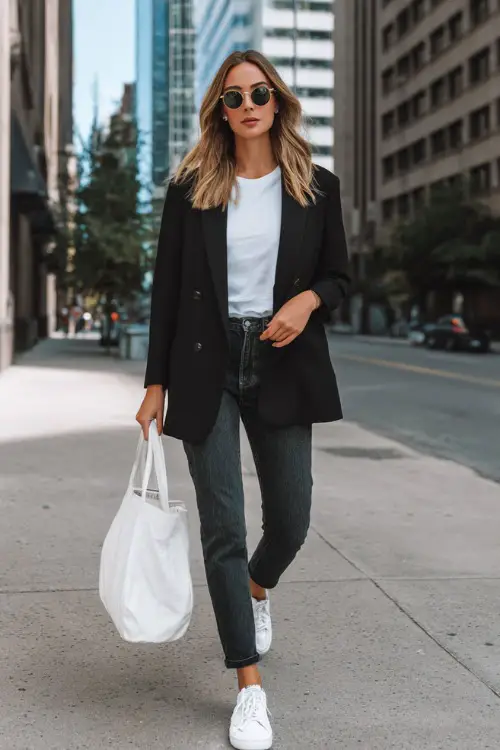 A woman wearing a black oversized blazer layered over a white fitted tee and straight-leg dark denim jeans, styled with clean white sneakers and a structured tote 