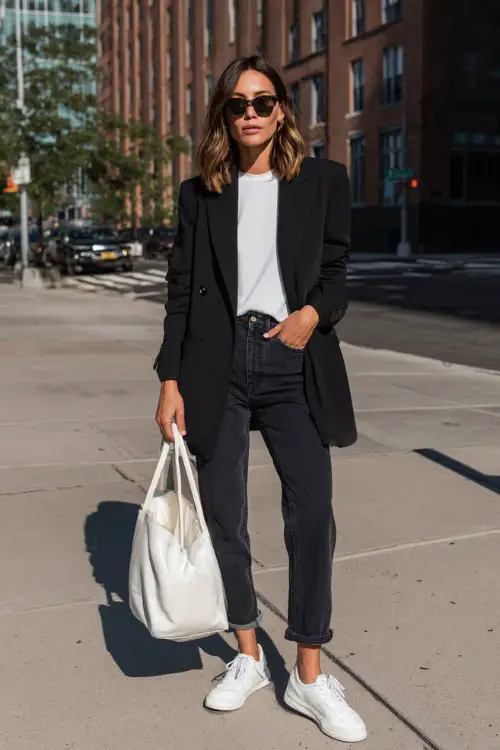 A woman wearing a black oversized blazer layered over a white fitted tee and straight-leg dark denim jeans, styled with clean white sneakers and a structured tote