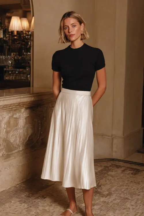 A woman wearing a black ribbed knit top tucked into a satin midi skirt in a neutral tone, styled with minimalist sandals and delicate accessories 