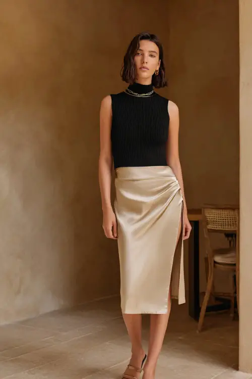 A woman wearing a black ribbed knit top tucked into a satin midi skirt in a neutral tone, styled with minimalist sandals and delicate accessories 