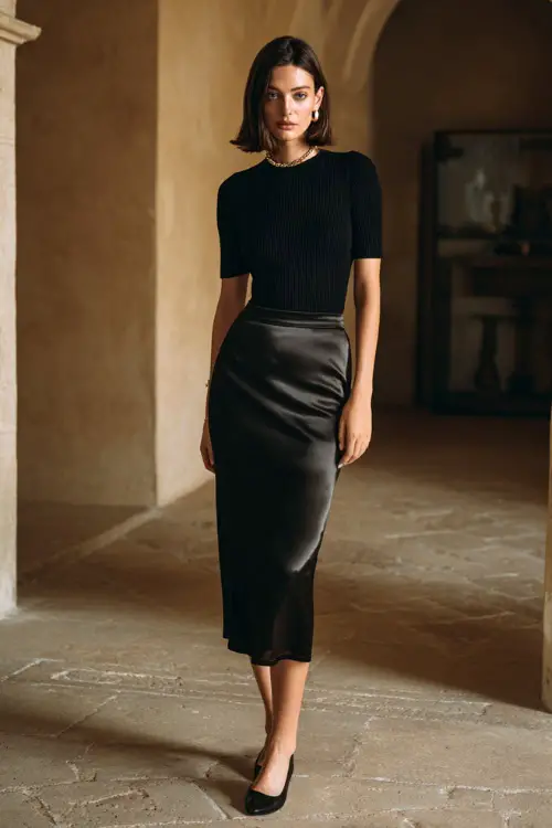 A woman wearing a black ribbed knit top tucked into a satin midi skirt in a neutral tone, styled with minimalist sandals and delicate accessories