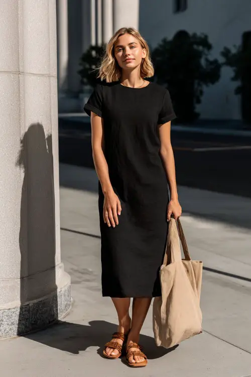 A woman wearing a black short-sleeve midi dress with a relaxed silhouette, styled with flat sandals and a simple tote, standing on a calm city street with natural light 