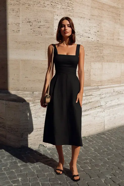 A woman wearing a black sleeveless midi dress with a square neckline, paired with low-heel sandals and a small crossbody bag, standing in an urban courtyard with clean stone walls 