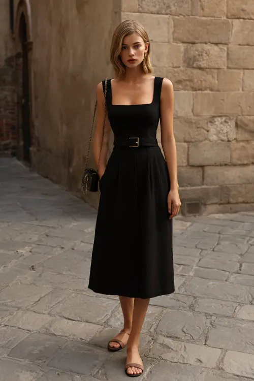 A woman wearing a black sleeveless midi dress with a square neckline, paired with low-heel sandals and a small crossbody bag, standing in an urban courtyard with clean stone walls