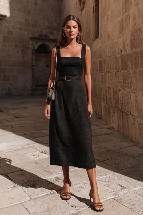 A woman wearing a black sleeveless midi dress with a square neckline, paired with low-heel sandals and a small crossbody bag