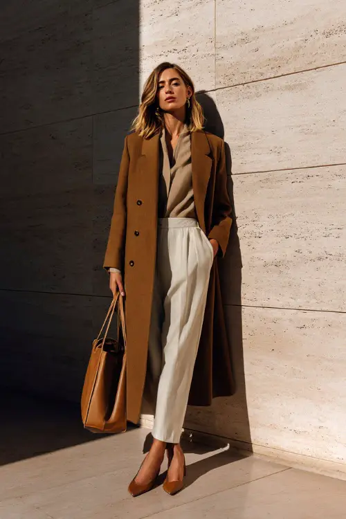 A woman wearing a camel-toned long coat layered over a monochrome cream outfit, styled with pointed flats and a structured tote, standing against a clean architectural wall 