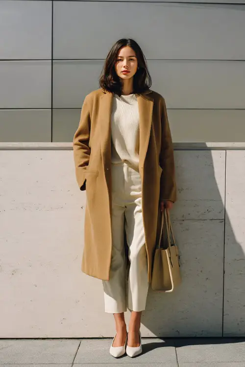 A woman wearing a camel-toned long coat layered over a monochrome cream outfit, styled with pointed flats and a structured tote, standing against a clean architectural wall