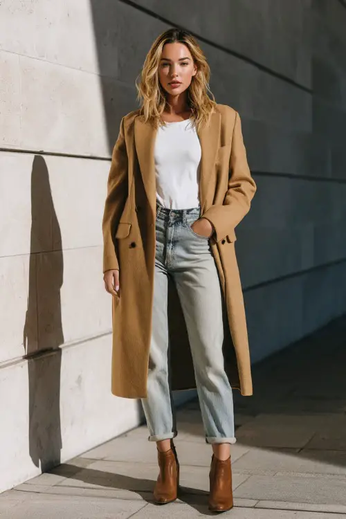 A woman wearing a camel-toned long coat over a white top and straight-leg jeans, styled with ankle boots and subtle accessories 