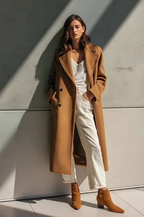 A woman wearing a camel-toned long coat over a white top and straight-leg jeans, styled with ankle boots and subtle accessories