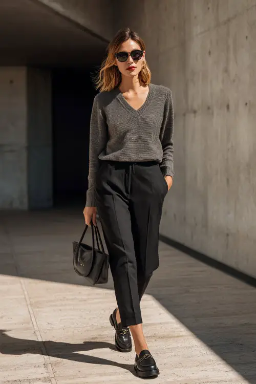A woman wearing a charcoal gray knit top tucked into black tailored pants, styled with chunky loafers and a sleek shoulder bag, walking past concrete architecture in a city setting