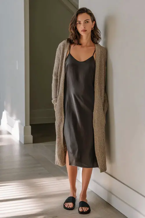 A woman wearing a charcoal gray slip dress layered with a lightweight neutral cardigan, styled with flat mules, standing in a softly lit hallway with minimalist design