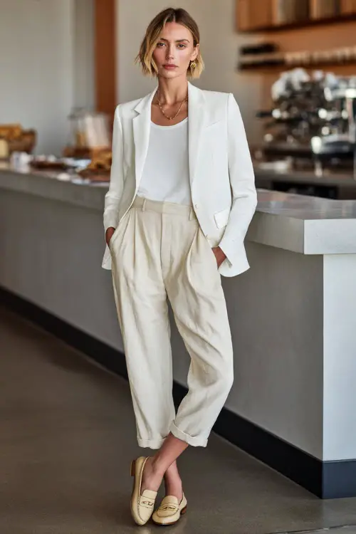 A woman wearing a crisp white blazer paired with relaxed neutral trousers and a simple top, styled with loafers and refined accessories, standing in a modern café setting with clean lines 