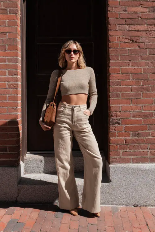 A woman wearing a cropped neutral knit top with high-waisted wide-leg jeans, paired with simple flats and a leather shoulder bag, standing near a brick wall in an urban neighborhood