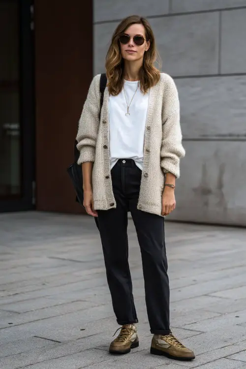A woman wearing a light beige cardigan layered over a white tee with straight-leg black jeans, paired with leather sneakers and subtle accessories