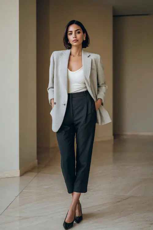 A woman wearing a light gray tailored blazer over a white tank top and straight black trousers, styled with pointed-toe flats, standing in a modern indoor space with neutral tones