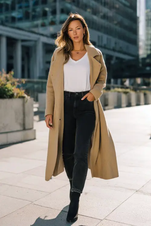 A woman wearing a long camel coat layered over a white tee and straight-leg black jeans, styled with ankle boots and subtle jewelry, walking through a city plaza with modern architecture 