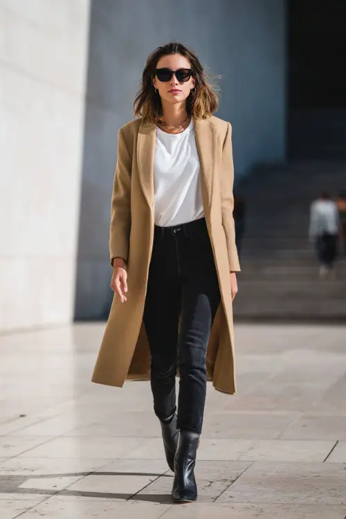 A woman wearing a long camel coat layered over a white tee and straight-leg black jeans, styled with ankle boots and subtle jewelry, walking through a city plaza with modern architecture