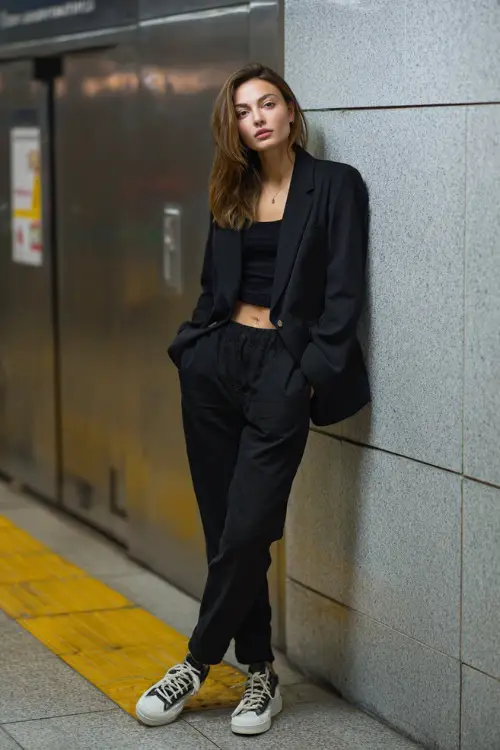 A woman wearing a monochrome all-black outfit with a relaxed blazer and ankle-length trousers, styled with minimalist sneakers, standing near a subway entrance with urban elements