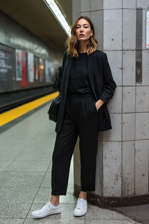 A woman wearing a monochrome all-black outfit with a relaxed blazer and ankle-length trousers, styled with minimalist sneakers