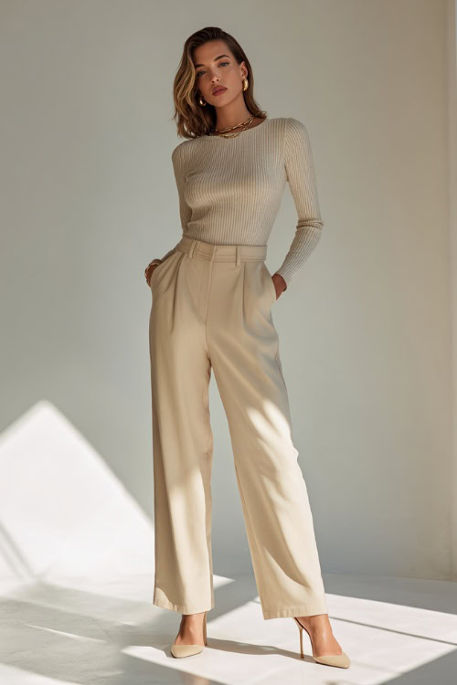 A woman wearing a monochrome beige outfit with a fitted knit top and high-waisted wide-leg pants, styled with minimalist heels and gold jewelry, standing in a sunlit minimalist studio