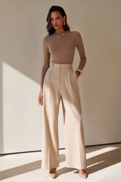 A woman wearing a monochrome beige outfit with a fitted knit top and high-waisted wide-leg pants, styled with minimalist heels and gold jewelry, standing in a sunlit minimalist studio