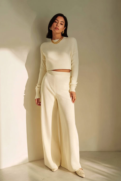 A woman wearing a monochrome cream knit top and matching wide-leg pants, styled with simple slip-on flats and delicate gold jewelry 