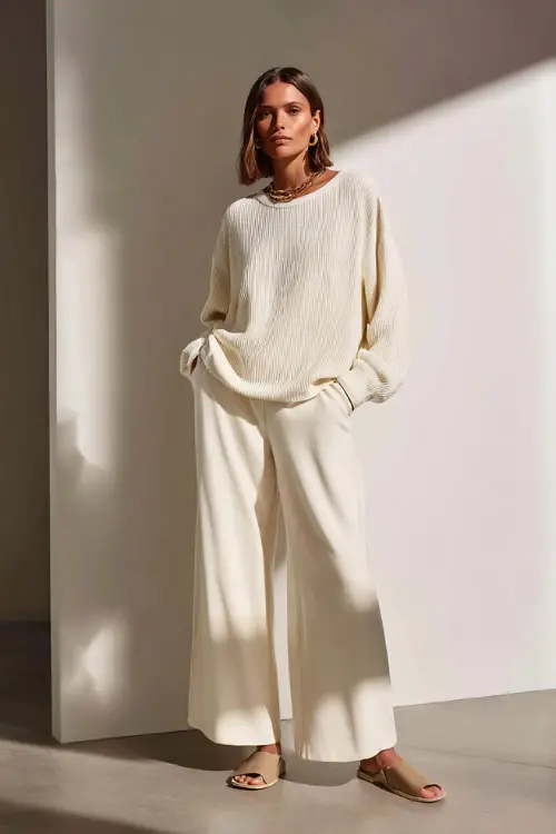 A woman wearing a monochrome cream knit top and matching wide-leg pants, styled with simple slip-on flats and delicate gold jewelry 