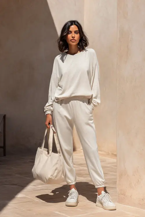 A woman wearing a monochrome oatmeal lounge set with a relaxed top and matching pants, styled with casual sneakers and a tote bag, standing in a clean outdoor courtyard 