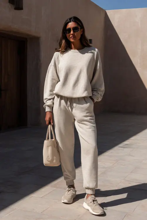A woman wearing a monochrome oatmeal lounge set with a relaxed top and matching pants, styled with casual sneakers and a tote bag, standing in a clean outdoor courtyard